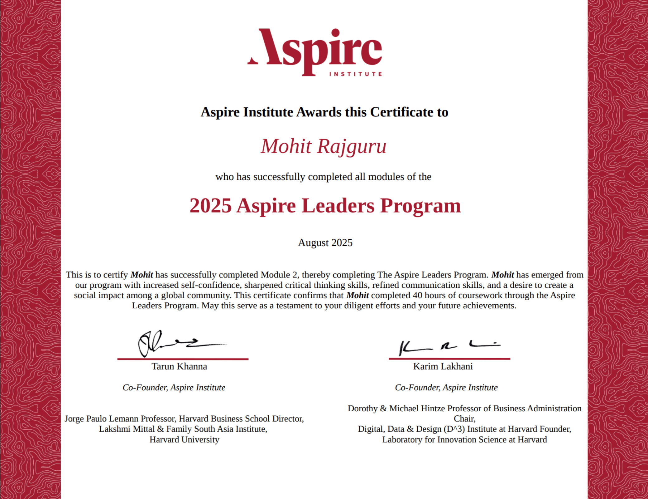 Aspire Certificate